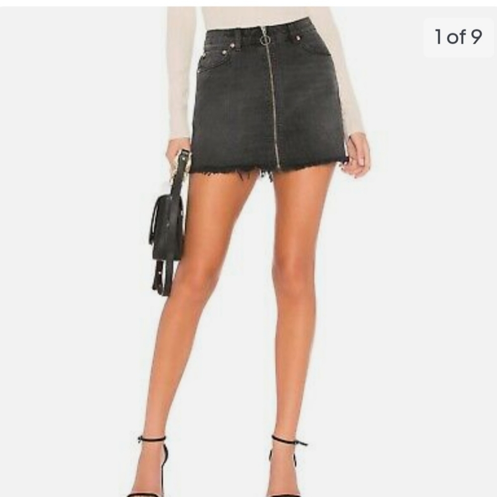 Free People black zip it up mini denim skirt full front zipper
